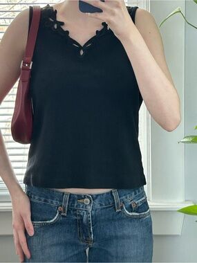 Rafaella Black Floral-Trim Tank Top